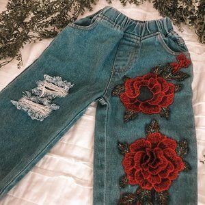 Kids Distressed Denim w/ Embroidered Roses
